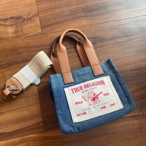 True Religion Denim Tote Bag with Brown Handles with Tan Crossbody Strap